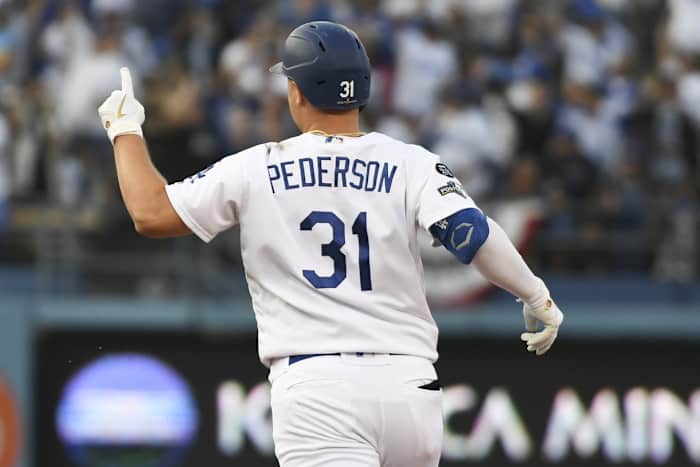 Oct 9, 2019; Los Angeles, CA, USA; Los Angeles Dodgers right fielder Joc Pederson (31) reacts during the first inning in game five of the 2019 NLDS playoff baseball series against the Washington Nationals at Dodger Stadium.